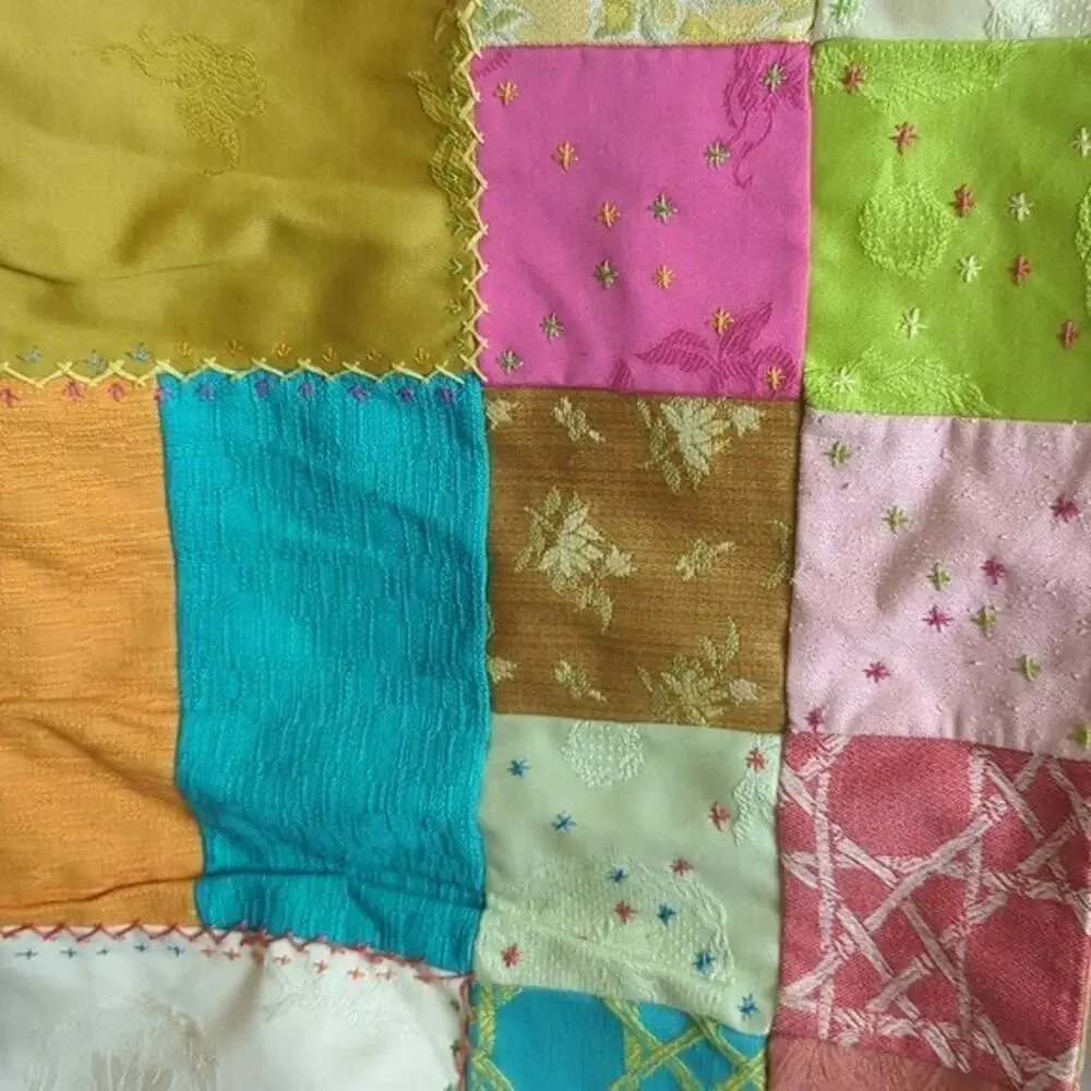 Crazy Quilt Large Rare Vintage Patchwork Quilt Embroidered Gold Satin Back 58x88